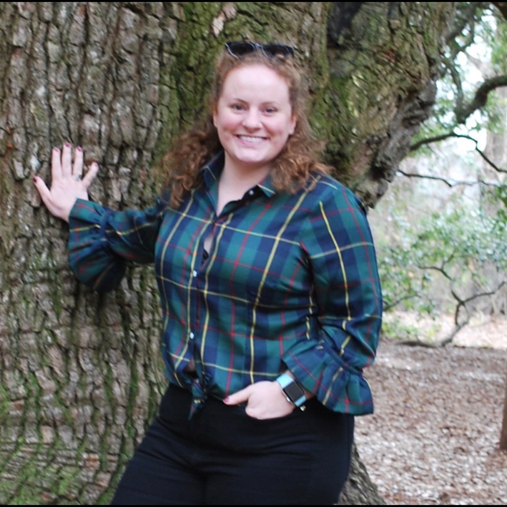 Gretchen Scott “Goddess” or XL holiday plaid blous